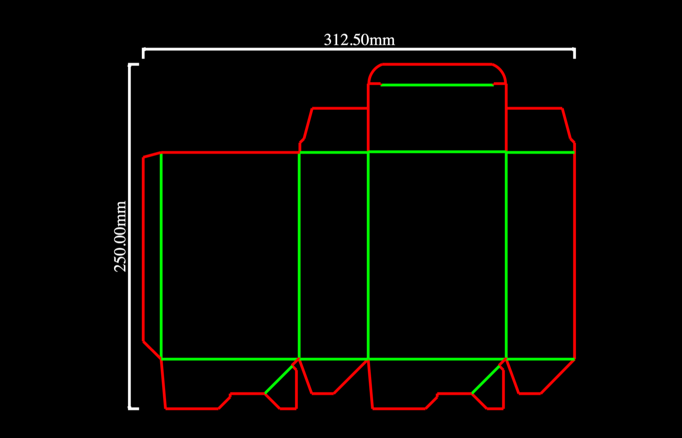Dimension lines showing the overall outer width and height of the dieline's bounding box.