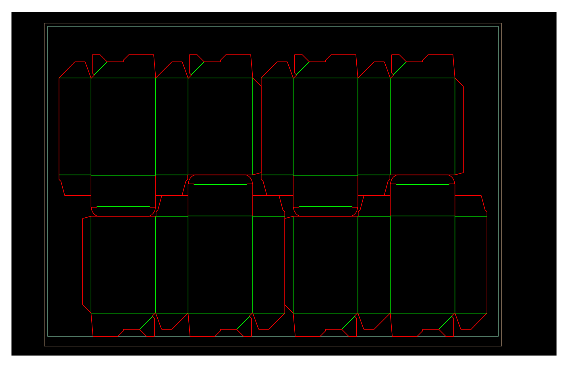 A B2 press sheet packed with a full-sheet 2 by 2 nest of tuck-top boxes