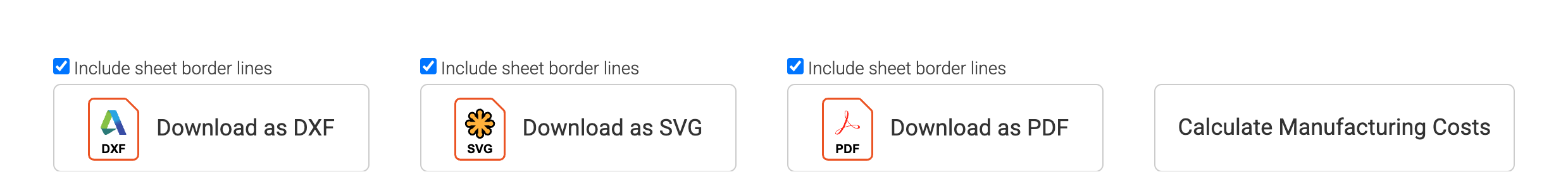 Download-as-DXF, SVG and PDF buttons alongside a Calculate Manufacturing Costs button