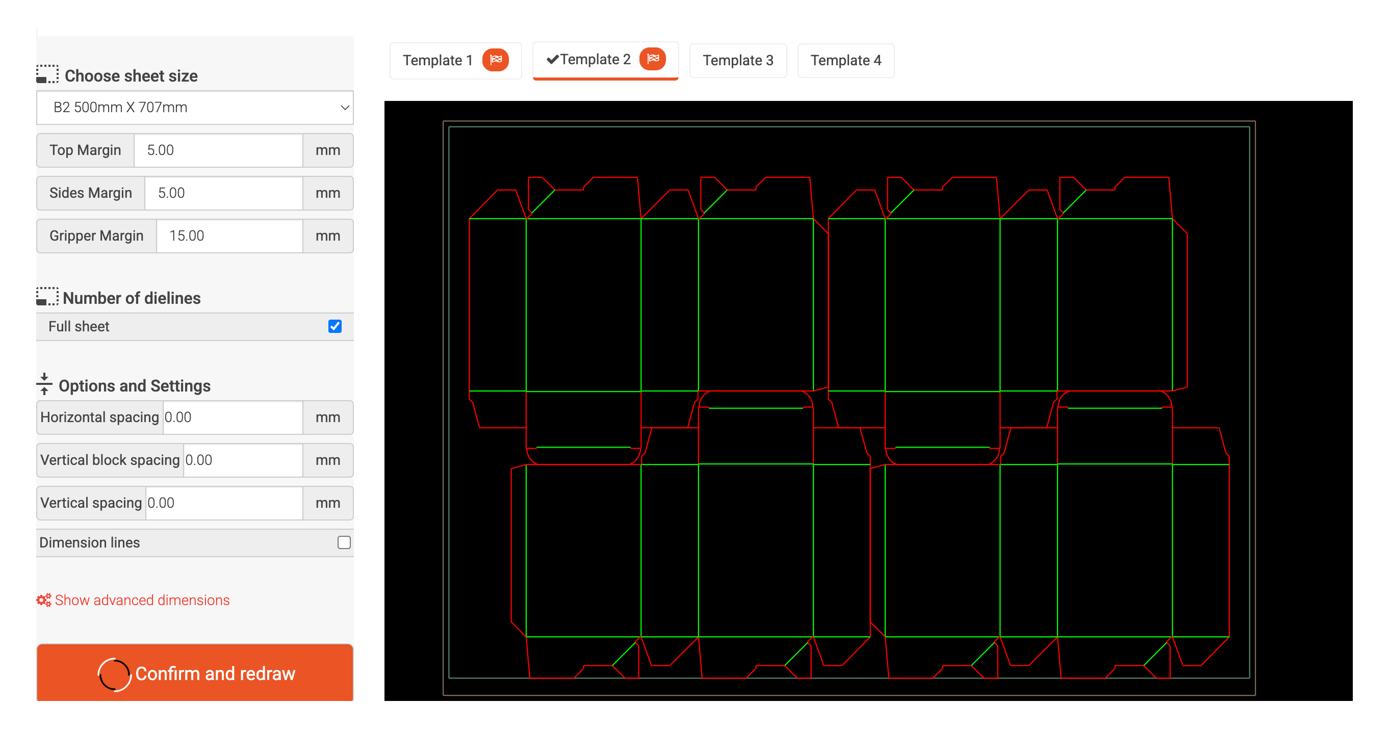 The nesting tool: sheet-size and margin controls beside a B2 press sheet automatically nested with a 2 by 2 layout of tuck-top boxes