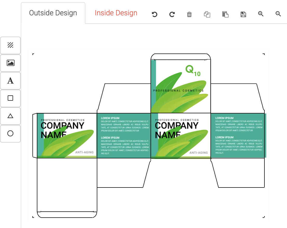Switching between the Outside and Inside tabs to design each surface of the box separately