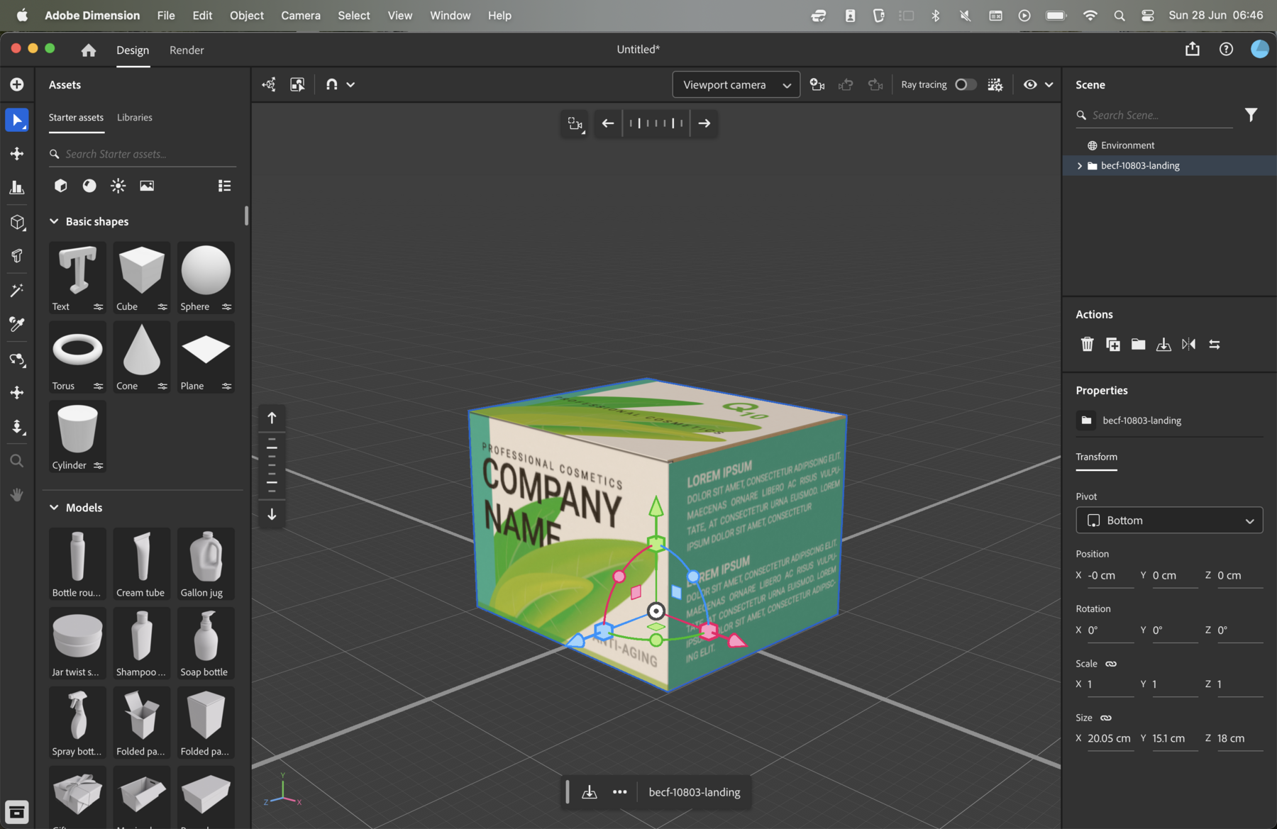 The exported 3D model opened in Adobe Dimension