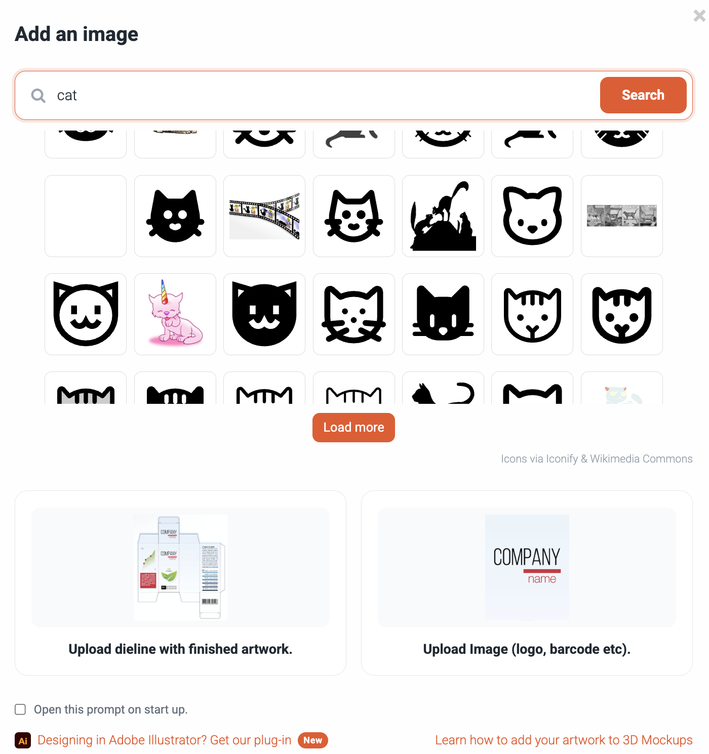 The Add an image dialog: search built-in stock images or upload your own artwork