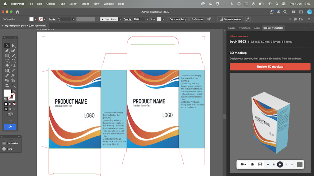 Die Cut Templates panel, docked in Illustrator